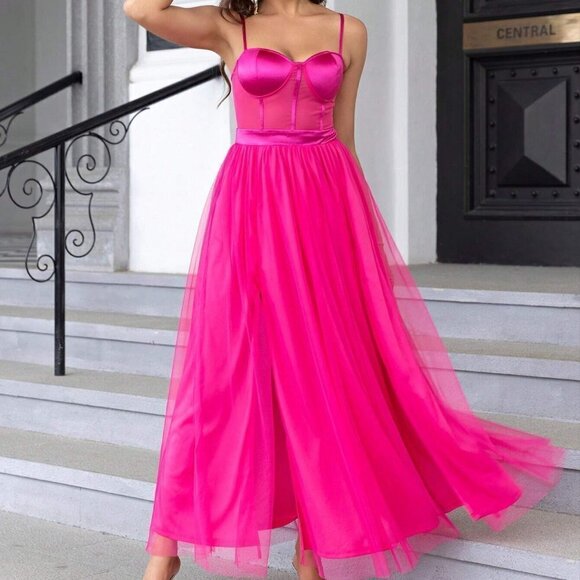 Pink Boho Womens Split Thigh Mesh Cami Dress - Picture 3 of 5